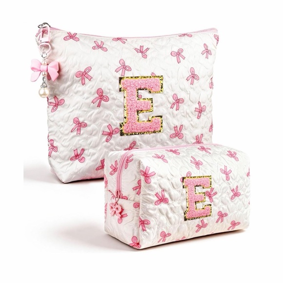 Personalized Bow Print Makeup Bag Set | Initial Cosmetic Pouches (2-Pack) - Picture 2 of 4